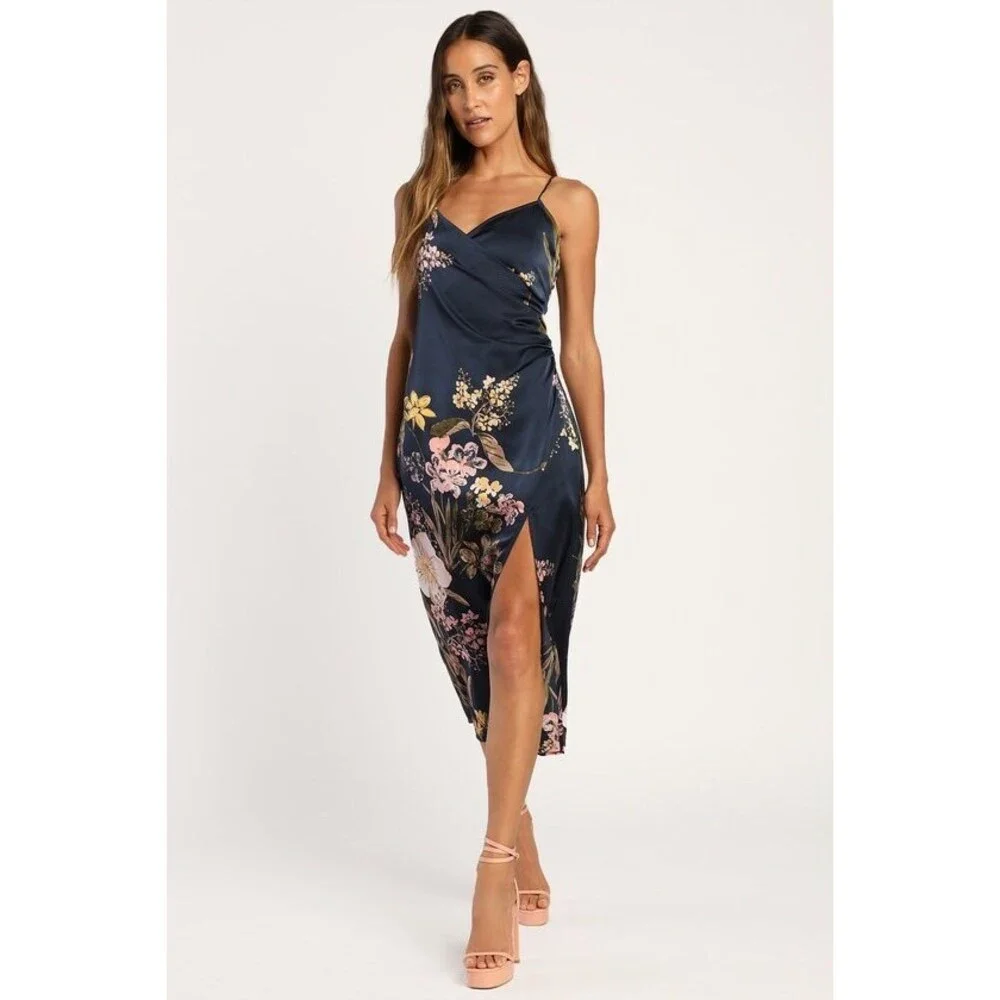 Lulus Remarkable Entrance Navy Blue Floral Print Satin Midi Dress - Size M - Picture 1 of 5
